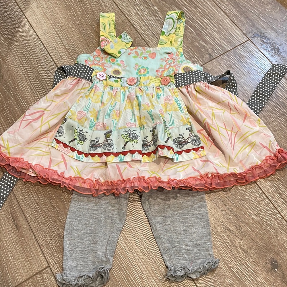 Matilda Jane 2T- Top Tunic Apron Knot Bicycle Ellie Spring Flowers Pink Ruffle.